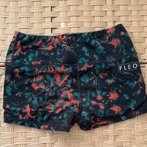 Fleo Women’s Black Orange and Blue Workout Shorts medium